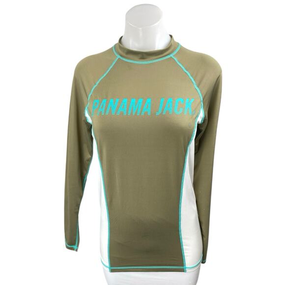 Panama Jack Women's Green Long Sleeve Colorblock Log Swim Rashguard Top Size S - Picture 1 of 5